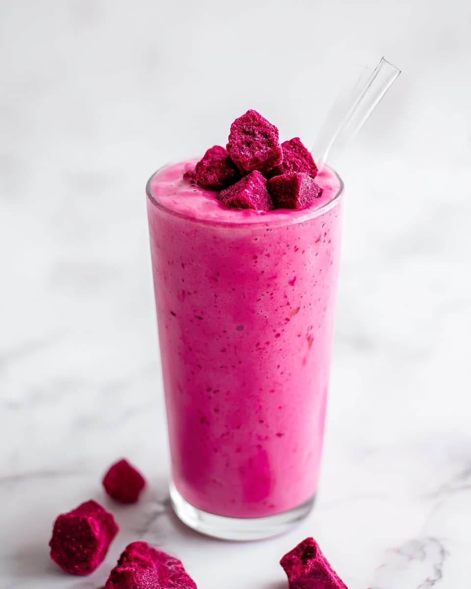 A tall clear glass filled with a smooth bright pink smoothie topped with several small chunks of dark pink fruit. The smoothie has a creamy texture with slight color variations and a few specks inside. A clear straw is placed on the right side of the glass, leaning against the rim. Around the base of the glass, a few pieces of the same dark pink fruit are scattered on a white marbled surface. The overall look is fresh and vibrant, emphasizing the deep pink color contrasts. photo taken with an iphone --ar 4:5 --v 7