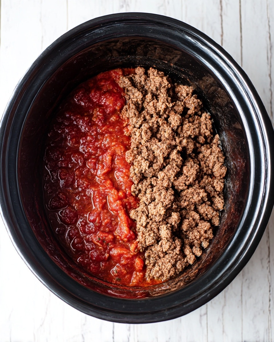 The image shows a black slow cooker pot on a white marbled surface, filled with two distinct layers of ingredients. The bottom layer is a chunky red tomato sauce with visible pieces of tomato and herbs, creating a moist and slightly shiny texture. On top, there is a layer of cooked ground meat, brown and crumbly, covering about half of the sauce layer with an uneven surface. The contrast between the rich red sauce and the brown meat is clear inside the deep black pot. Photo taken with an iphone --ar 4:5 --v 7
