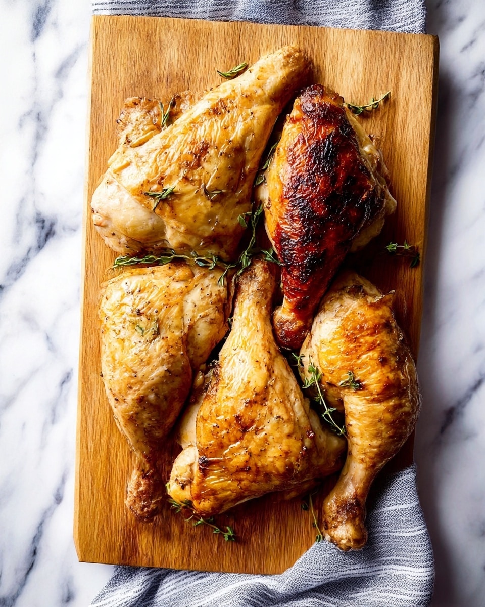The image shows a wooden board with five pieces of roasted chicken placed closely together, each piece having a golden-brown, slightly crispy texture with darker grilled spots. Small sprigs of fresh green herbs are scattered on top and around the chicken, adding a fresh touch. The wooden board rests on a white marbled surface, with a gray and white textured cloth nearby, enhancing the natural and rustic feel. Photo taken with an iphone --ar 4:5 --v 7