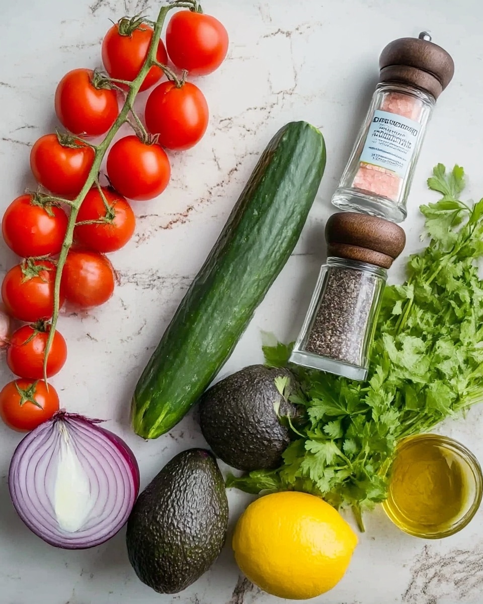 The image shows fresh ingredients arranged on a white marbled surface. There is a bunch of bright red cherry tomatoes still on the vine on the left side. Next to them is half a purple onion with its layers visible inside and a long, dark green cucumber positioned diagonally. Below the cucumber are two dark green avocados with rough skin. To the right of the avocados, a bunch of fresh green cilantro adds a leafy texture. A bright yellow lemon with smooth skin sits near the cilantro. On the far right are two spice grinders, one clear with pink Himalayan salt and the other wooden with black pepper. A small amount of golden olive oil is visible at the bottom right corner. photo taken with an iphone --ar 4:5 --v 7