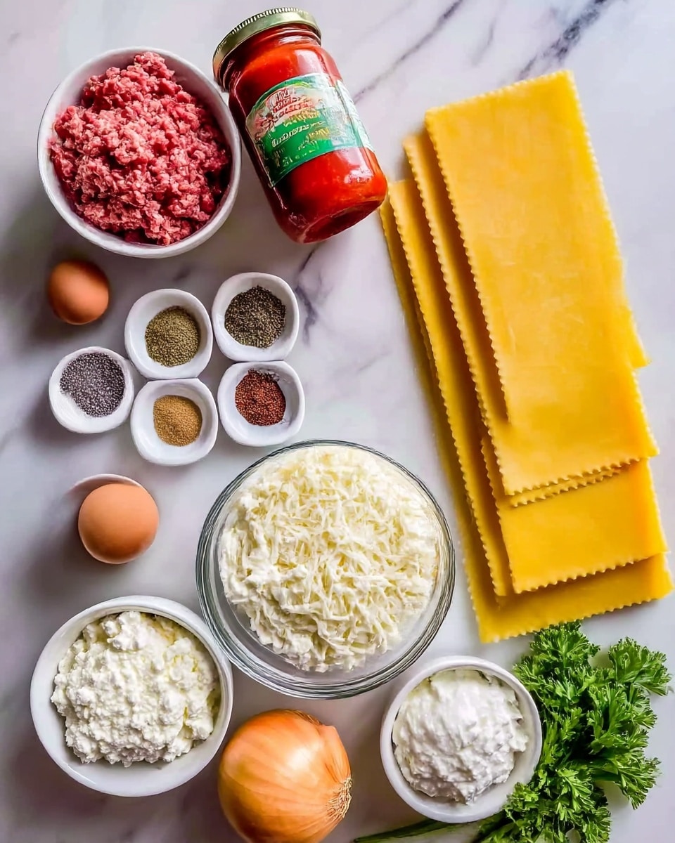 The image shows various lasagna ingredients arranged neatly on a white marbled surface. There are three wide, flat, yellow pasta sheets positioned vertically on the right side. A large clear glass bowl filled with shredded white cheese sits below the pasta sheets. In the top left corner, a small white bowl contains raw ground meat with a reddish color. Next to it is a jar of red tomato sauce placed diagonally with a green label, surrounded by small white bowls holding different spices and seasonings like salt, black pepper, dried herbs, and possibly garlic powder. Below the seasoning bowls, there is a round white bowl filled with white cottage cheese, and near the bottom, a smaller white bowl contains white ricotta cheese. A fresh green herb, possibly parsley, along with one egg, is positioned near the bottom left. An onion with its outer layer partly peeled is near the center. The ingredients are presented in a clean, organized way, ready for cooking. Photo taken with an iphone --ar 4:5 --v 7