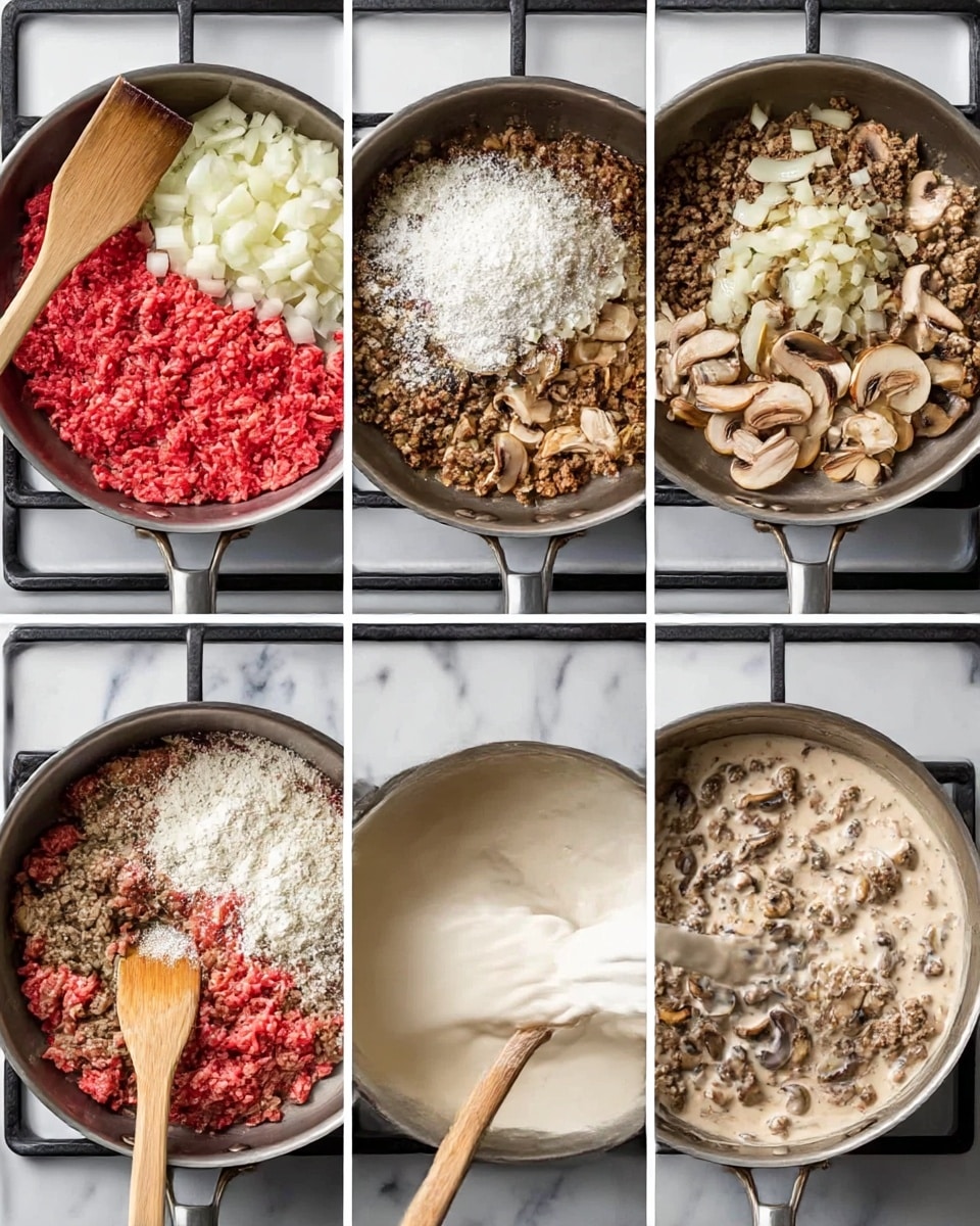The image shows six steps in cooking a dish in a silver pan on a stove with a white marbled surface. The first layer is raw bright red ground meat spread unevenly in the pan with a wooden spatula resting on the edge. The second layer shows the meat browned and a pile of chopped white onions added on top, steam rising. The third layer adds sliced light brown mushrooms mixed into the browned meat and onions. The fourth layer shows the mixture sprinkled with white powdery flour on top. The fifth layer displays the meat and mushroom mixture being stirred with cream being poured into the pan, lightening the color. The final layer shows everything fully mixed into a light creamy sauce with mushrooms and meat pieces visible, the wooden spatula blending the mixture. Photo taken with an iphone --ar 4:5 --v 7