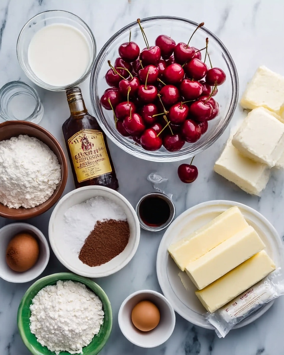 The image shows all the ingredients arranged on a white marbled surface, ready for baking. At the center is a clear glass bowl full of bright red cherries with stems. To the right, a white plate holds two large white blocks of cream cheese, with two wrapped sticks of butter nearby. Below the cherries, a green and white bowl contains white powdered sugar. To the left of this is a brown bowl filled with white flour and behind it, a small glass cup with milk. On the far left, a green-rimmed white bowl of granulated sugar, a small white bowl of cocoa powder, a raw white egg, and a tiny glass cup with dark vanilla extract are also visible. In the middle, slightly forward, stands a bottle of Bacardi Gold rum. The image is bright and clear, photo taken with an iphone --ar 4:5 --v 7