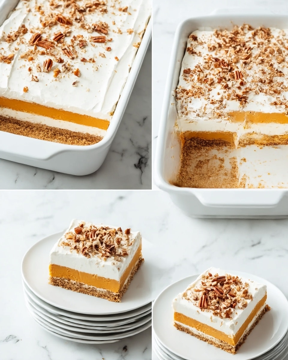 The images show a four-layer dessert in a white rectangular baking dish on a white marbled surface. The bottom layer is a crumbly, light brown crust. Above that is a thick, smooth white cream layer, followed by a thick, smooth orange layer that looks like pumpkin filling. On top is a thick white cream layer, spread evenly and sprinkled generously with chopped pecans, which add texture and color contrast. One image shows a square piece cut out, revealing the clear layers, and another image shows a single square piece on a stack of white plates, topped with more chopped pecans. The overall look is clean, creamy, and inviting with a mix of smooth textures and nutty crunch. photo taken with an iphone --ar 4:5 --v 7