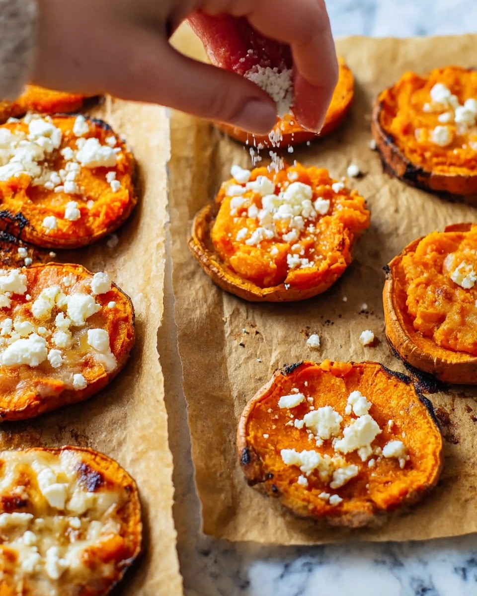 The dish shows several round slices of roasted sweet potato with a vibrant orange color and soft, slightly mashed texture on top. Each sweet potato slice is laid out on brown parchment paper with some charred spots around the edges. A woman's hand is sprinkling small white crumbles of soft cheese over the sweet potato slices, creating a contrast of white on top of the orange. In the second part of the image, the cheese is melted and slightly browned on the sweet potato rounds, with some blackened bits adding texture. The background surface is a white marbled texture. photo taken with an iphone --ar 4:5 --v 7