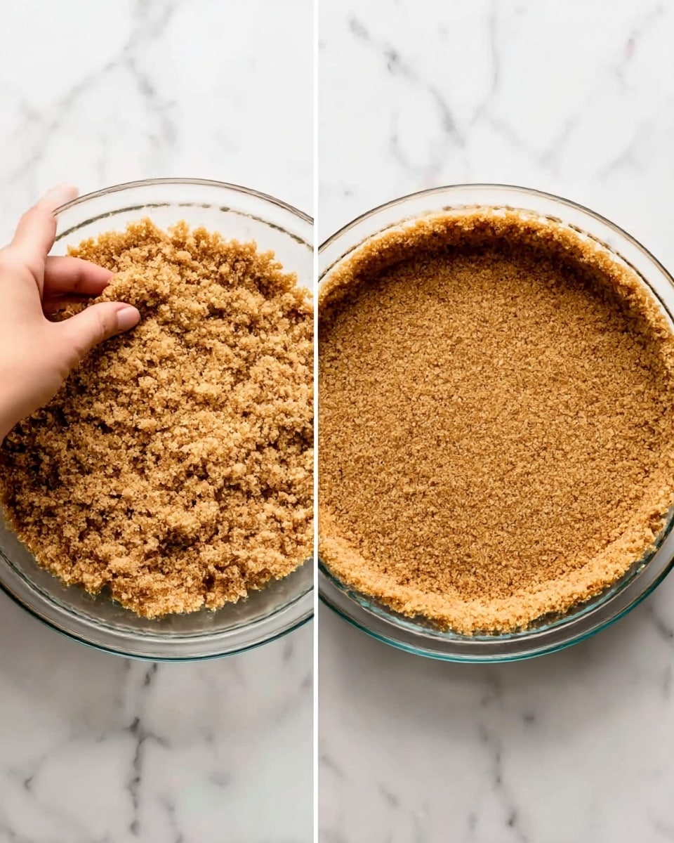The image shows two side-by-side views of a clear, round glass pie dish on a white marbled surface. On the left side, a woman's hand is smoothing a crumbly, light brown mixture that looks like a crust base inside the dish, with the crumb texture clearly visible and uneven on the surface. On the right side, the same dish shows the crust pressed evenly and smoothly into the bottom and up the sides, forming a uniform thin layer of compacted crumbs. The colors range from light to medium brown, with the clear glass dish and white marbled background visible around the crust. Photo taken with an iphone --ar 4:5 --v 7