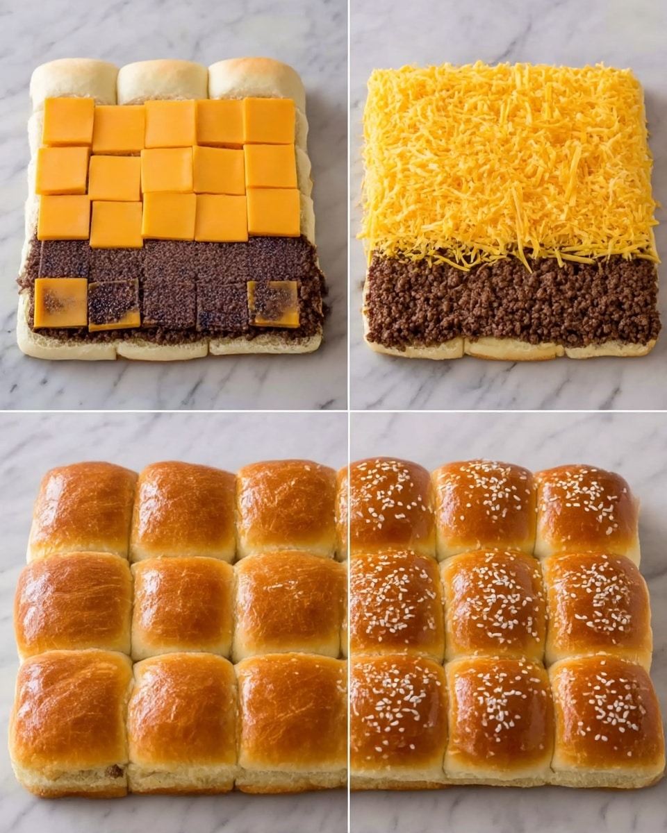 The image shows four stages of making a layered sandwich on a white marbled surface. The first layer is a rectangle made of soft white bread rolls placed side by side, topped with two layers of square orange cheddar cheese slices evenly covering the bread. The second layer adds a thick, even spread of cooked ground beef covering all the cheese slices. The third layer shows a generous amount of shredded yellow cheddar cheese spread evenly above the ground beef. The final stage shows the top layer made of shiny, golden-brown bread rolls arranged neatly in a grid, with some white sesame seeds sprinkled on top, showing a finished sandwich loaf. Photo taken with an iphone --ar 4:5 --v 7