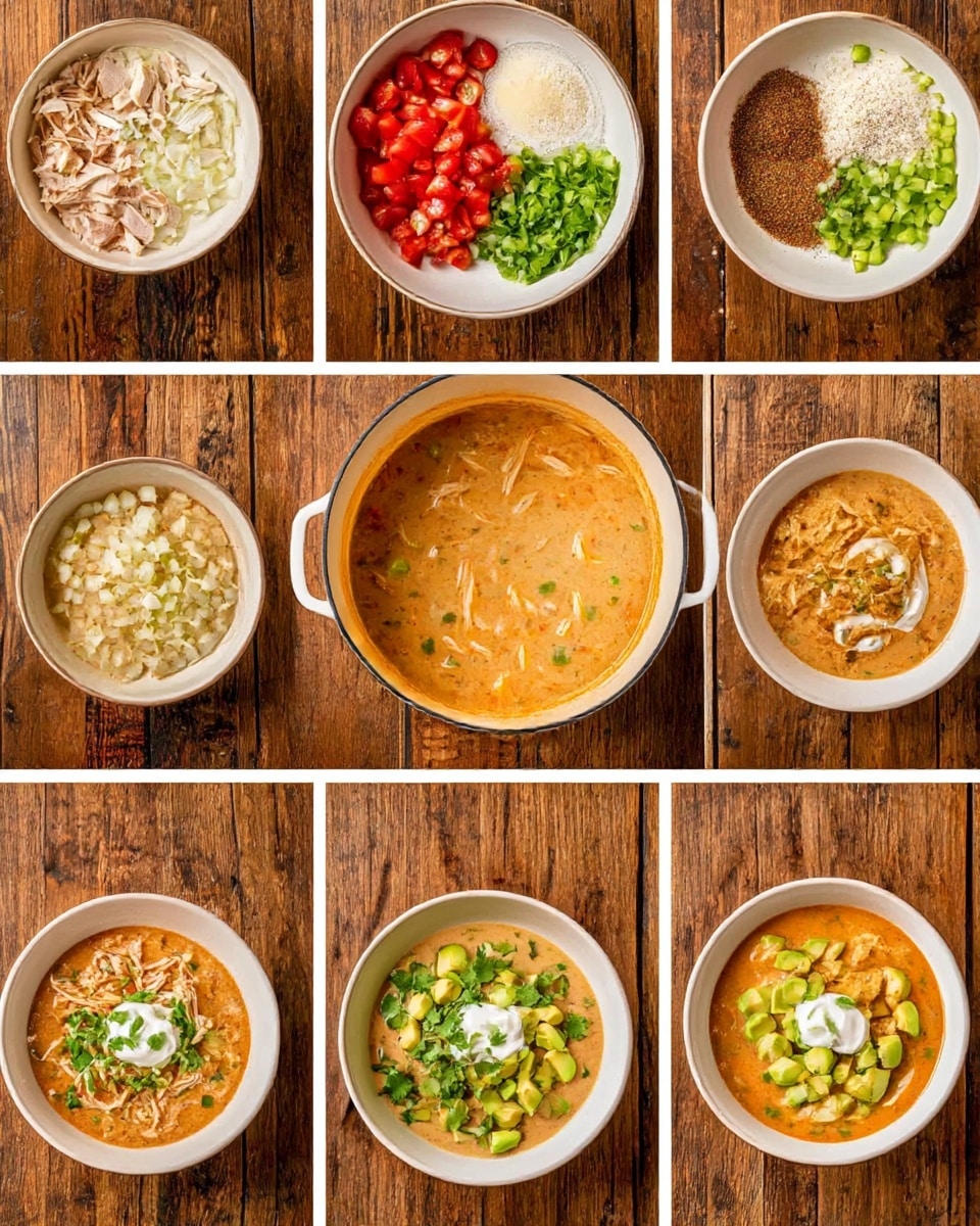 The image shows a step-by-step making of a creamy chicken soup in a white pot placed on a wooden surface. The first row shows bowls with ingredients: shredded chicken, chopped onions, diced green peppers, diced red tomatoes, cream, butter, seasoning, and broth. The next panels show the white pot with chopped onions and green peppers cooking, then cream, tomatoes, and seasoning added on top. The pot now contains a light tan soup with small vegetable pieces. The color deepens to orange as the soup cooks, and shredded chicken is added on top of the soup in the pot. The last row shows the soup mixed with chicken, then served in white bowls on a white marbled surface, each bowl topped with avocado chunks, a dollop of white sour cream, fresh green herbs, and crispy tortilla chips on the side. Photo taken with an iphone --ar 4:5 --v 7