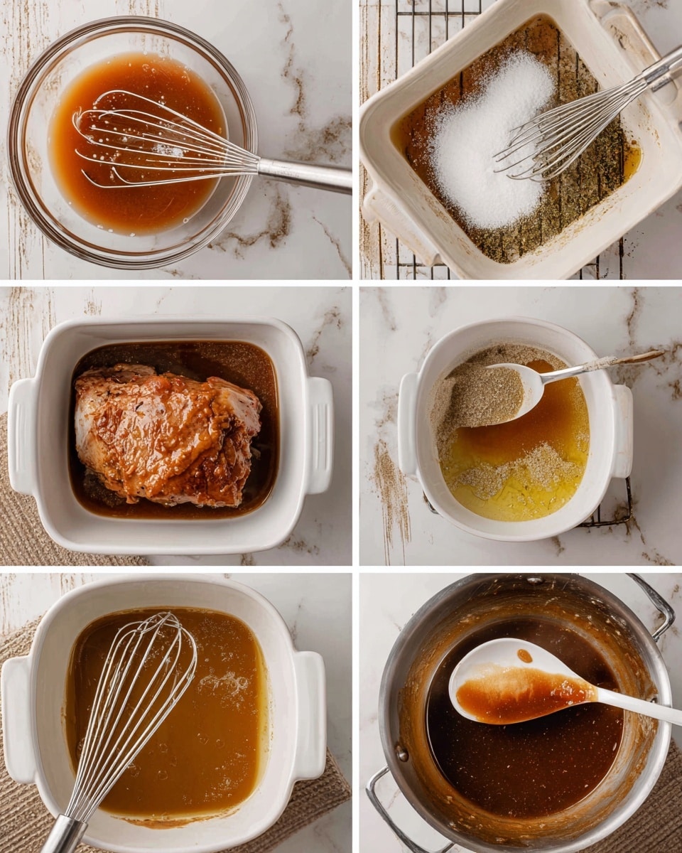 The image shows a six-step cooking process arranged in two rows of three images each. In the top row, the first image displays a clear bowl with light brown and dark red liquids along with white powder being mixed with a metal whisk on a white marbled surface. The second image shows a white baking dish with a raw piece of meat on a metal rack, while a white spoon with dark sauce is being poured over it. The third image captures the baked meat now dark brown with a roasted texture sitting in the same white dish with sauce around it. In the bottom row, the first image shows a metal pan with melted butter and white flour being mixed by a metal whisk. The second image contains the same pan with dark sauce being poured in and the whisk mixing it all together. The final image is a close-up of a white spoon filled with smooth brown sauce held above the pan containing the sauce. The entire setup is placed on a white marbled surface. Photo taken with an iphone --ar 4:5 --v 7