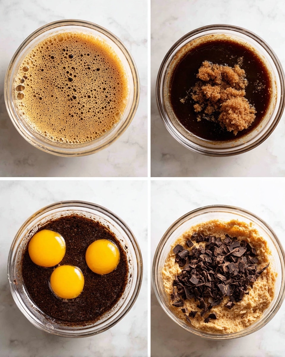 A collage of four close-up images showing the step-by-step mixing of ingredients in a clear glass bowl on a white marbled surface. The first image shows a light brown frothy liquid layer with bubbles. The second image shows dark brown liquid with clumps of light brown sugar on top. The third image shows the mixed dark brown base with two bright yellow egg yolks placed in the center. The fourth image shows a thick mixture of light brown dough with small folds and rough texture, topped with a layer of chopped dark chocolate pieces. Photo taken with an iphone --ar 4:5 --v 7