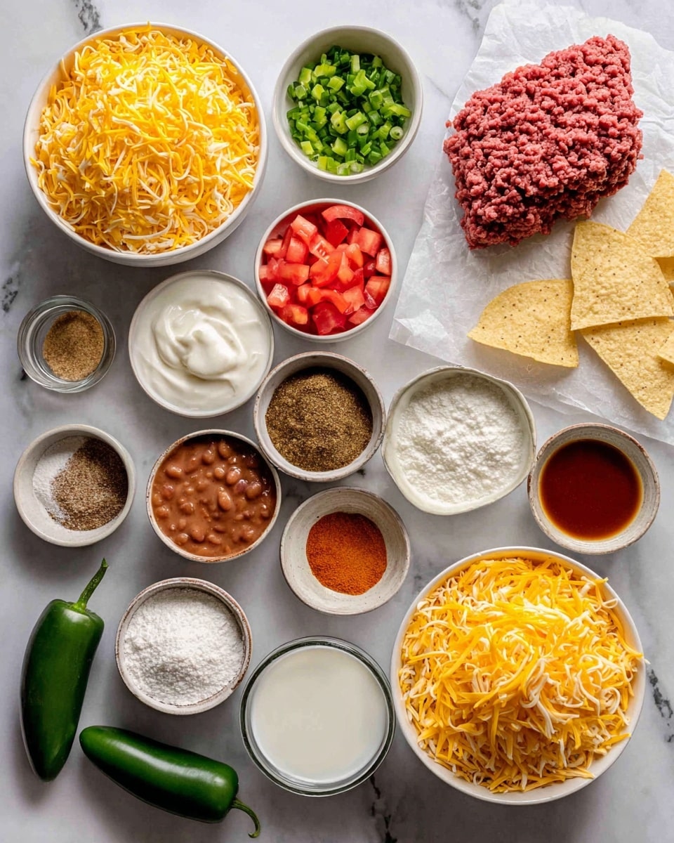 The image shows two white bowls on a white marbled surface, each filled with different ingredients for a recipe. The left bowl is filled with shredded yellow cheese, around which there are small bowls containing thick white sour cream, refried beans, bright red diced tomatoes, chopped white onion, and green chopped green onions, along with a few beige tortilla chips. Next to these bowls are a mix of brown and white spices, including chili powder, cumin, garlic powder, onion powder, and salt, all carefully measured in small round dishes. There is also a slab of raw ground beef on a piece of parchment paper. The right side shows another white bowl full of shredded yellow cheese with a smaller round dish inside it, containing salt and chili powder. Surrounding this are small bowls of white evaporated milk, bright orange hot sauce, and cornstarch, with two green jalapeños placed beside them. The lighting is soft and natural. photo taken with an iphone --ar 4:5 --v 7