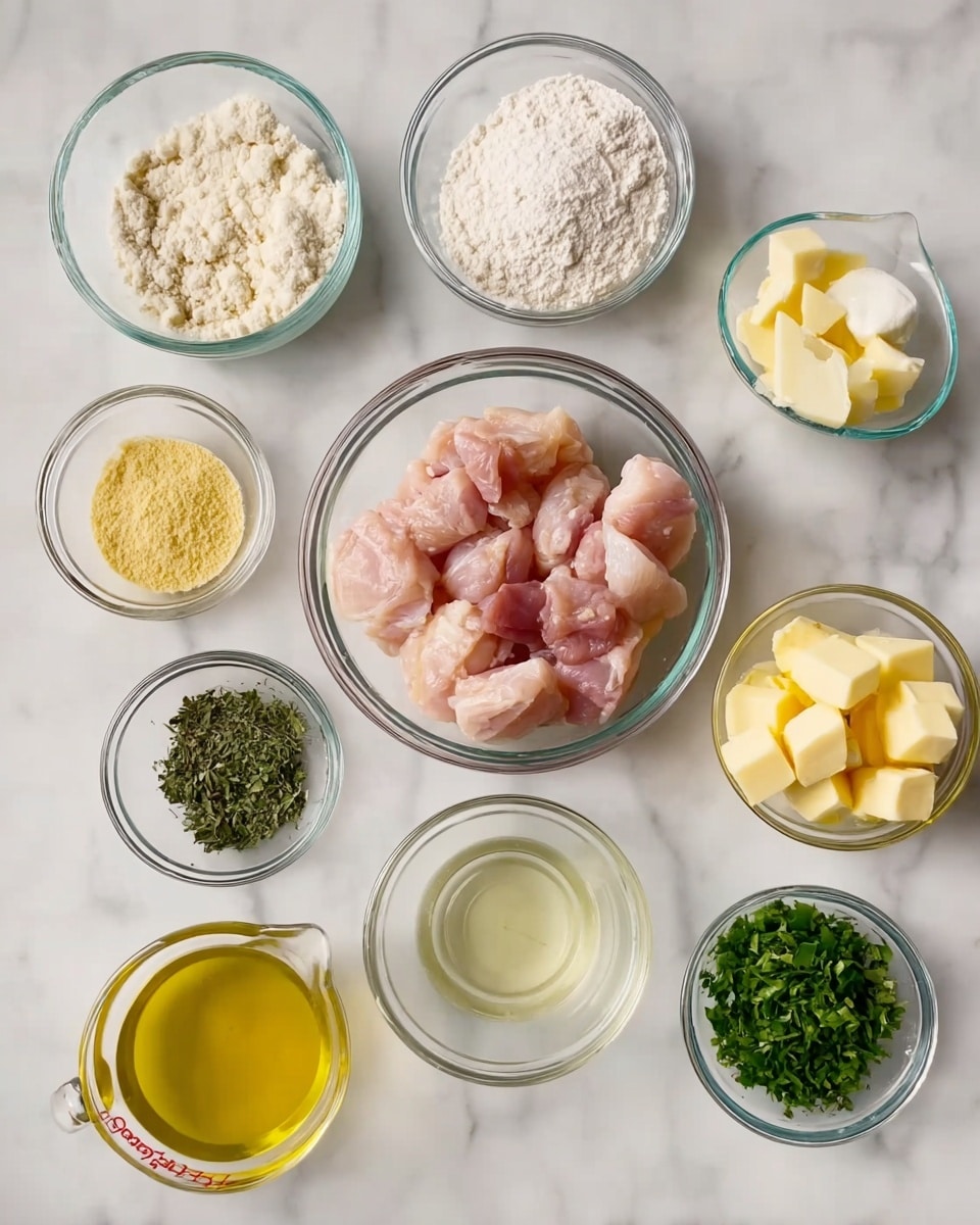 The image shows eleven clear glass bowls arranged on a white marbled surface. The top center bowl holds large pieces of raw pink chicken. Surrounding it, clockwise from top left, are bowls with white flour, a clear liquid, light yellow minced garlic, a small yellow powder, a small bowl with a clear light yellow liquid, a small bowl with dried green herbs, chopped fresh green herbs in a bowl, yellowish oil in a measuring cup, white salt in a small bowl, and yellow cubes of butter in a bowl. The bowls are all transparent, showing the texture and colors of the ingredients clearly. photo taken with an iphone --ar 4:5 --v 7