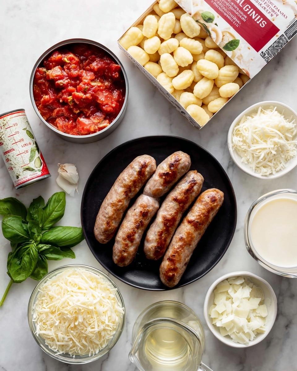 A white marbled surface holds all the ingredients for a creamy Italian sausage gnocchi dish, with four browned Italian sausages resting close together on a black round plate near the center. Above the plate, a mostly opened box of gnocchi shows soft, light yellow gnocchi inside. To the left, an opened can filled with red diced tomatoes, and below that, a glass measuring cup holds clear white wine with red measurement marks. Fresh green basil leaves are placed next to the cup, with a small white bowl of minced garlic below that. Two white bowls sit near the bottom center, one with chopped white onions and the other filled with shredded parmesan cheese. To the right of the black plate, a glass measuring cup with creamy white heavy cream is visible. The scene is bright and clean, all items neatly arranged on the white marbled texture. Photo taken with an iphone --ar 4:5 --v 7
