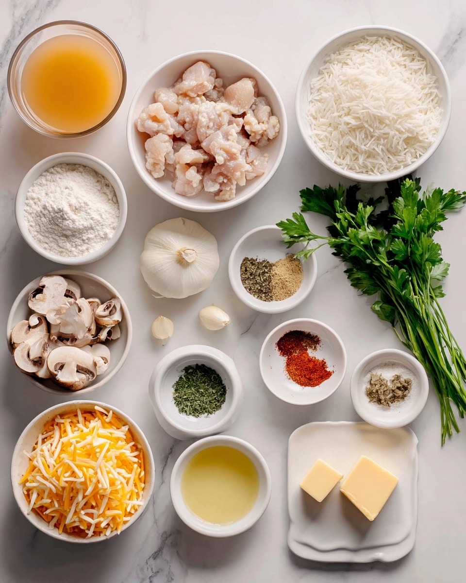 The image shows several small white bowls and a glass, all placed on a white marbled surface, filled with ingredients arranged neatly. From top left to right, there is a glass of broth with a light orange color, a white bowl with milk, another white bowl with raw chopped chicken pieces, and a white bowl filled with uncooked white rice. Below these, there is a small white bowl with minced garlic, another small white bowl holding mixed seasonings in red, green, and beige powders, and another small white bowl with white flour. There is a bunch of fresh green parsley to the right of the bowls. Below, there is a white bowl with sliced mushrooms, another with shredded orange cheese, a small white plate with a cube of butter, a small glass container with yellow oil, and a white bowl filled with chopped white onion. A portion of a woman's hand is visible holding the bowl of chicken pieces. Photo taken with an iphone --ar 4:5 --v 7
