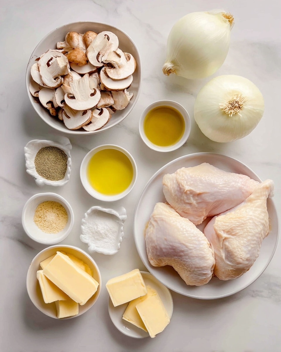 The image shows an overhead view of several white bowls and a white plate arranged neatly on a white marbled surface. In the center bottom, a white plate holds two large raw chicken pieces, pale pink with smooth texture. Around the plate, several small white bowls contain different ingredients: sliced mushrooms with brown and white layers, bright yellow olive oil, light yellow garlic powder, pale yellow chicken bouillon powder, and clear white wine vinegar. There are also slices of pale yellow jack cheese and small slabs of light yellow butter placed directly on the surface. A whole white onion with a papery light outer layer sits near the top right. All items are spaced evenly and clearly visible with soft, natural lighting. Photo taken with an iphone --ar 4:5 --v 7