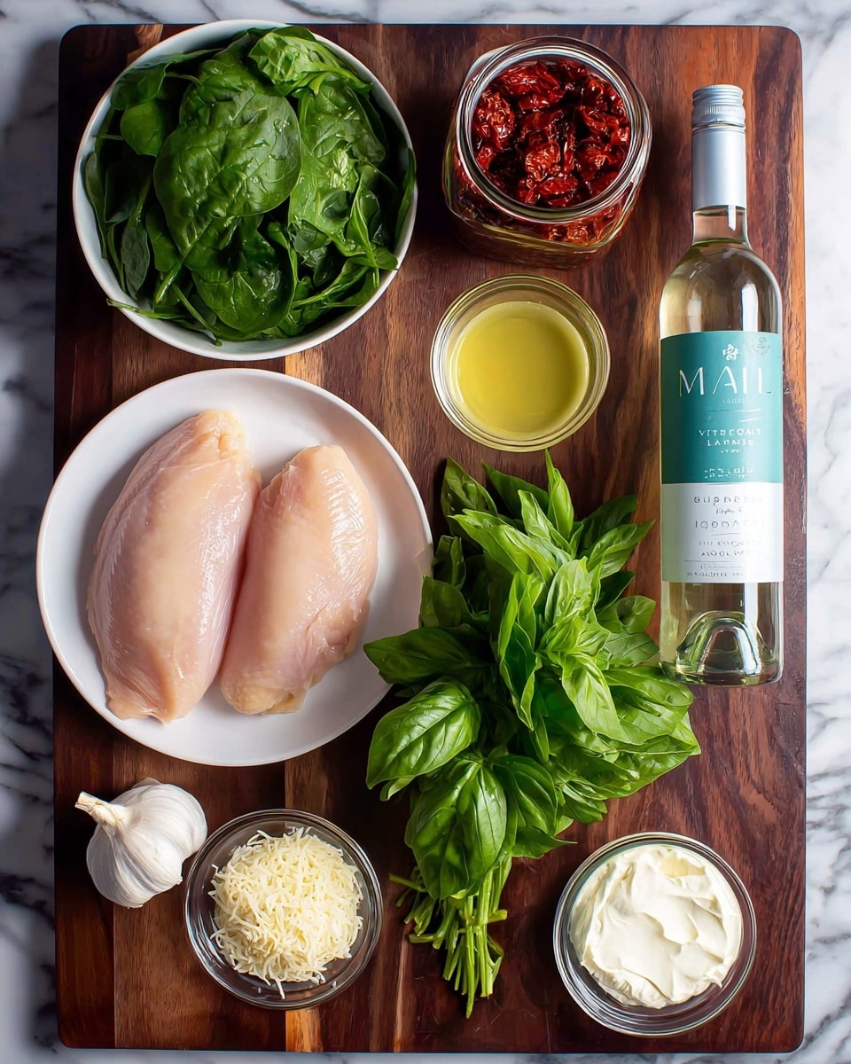A display of fresh ingredients arranged neatly on a dark wooden cutting board placed on a white marbled surface. In the top left, a white bowl is filled with bright green spinach leaves, dense and crisp. Below it, a white plate holds two large, pale pink raw chicken pieces with smooth texture. To the right of the chicken, a small glass bowl contains a light yellow liquid. Next to that is a glass bottle with a light blue label and silver cap. Above the bottle, a jar filled with rich red sun-dried tomatoes sits beside a bunch of fresh dark green basil leaves with visible veins. To the right, a whole white garlic bulb rests near a small glass bowl of white cream, and below that, another small glass bowl filled with finely grated white cheese. photo taken with an iphone --ar 4:5 --v 7