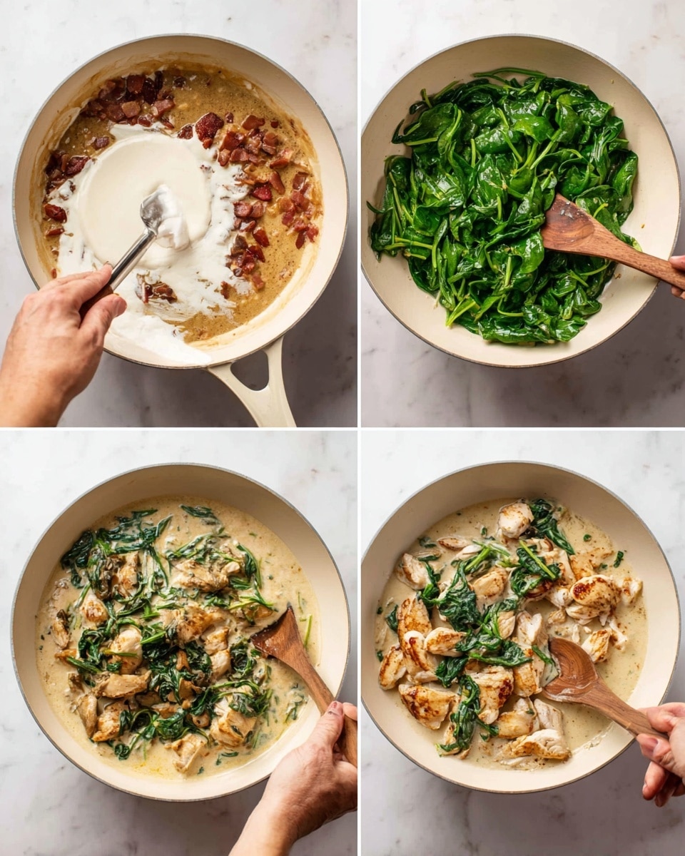 The image shows four different stages of cooking in a large white bowl on a white marbled surface. The first stage has a woman’s hand stirring thick white cream into a brown sauce with bits of cooked bacon or meat at the bottom. The second stage shows fresh green spinach leaves filling the bowl, with a woman’s hand holding a wooden spoon on the right side. The third stage displays cooked chicken pieces on top of the spinach with some creamy sauce pooled around the sides and steam rising. The fourth stage shows the chicken mixed into the creamy sauce with wilted spinach scattered on top, and a woman’s hand stirring the dish with a wooden spoon. photo taken with an iphone --ar 4:5 --v 7