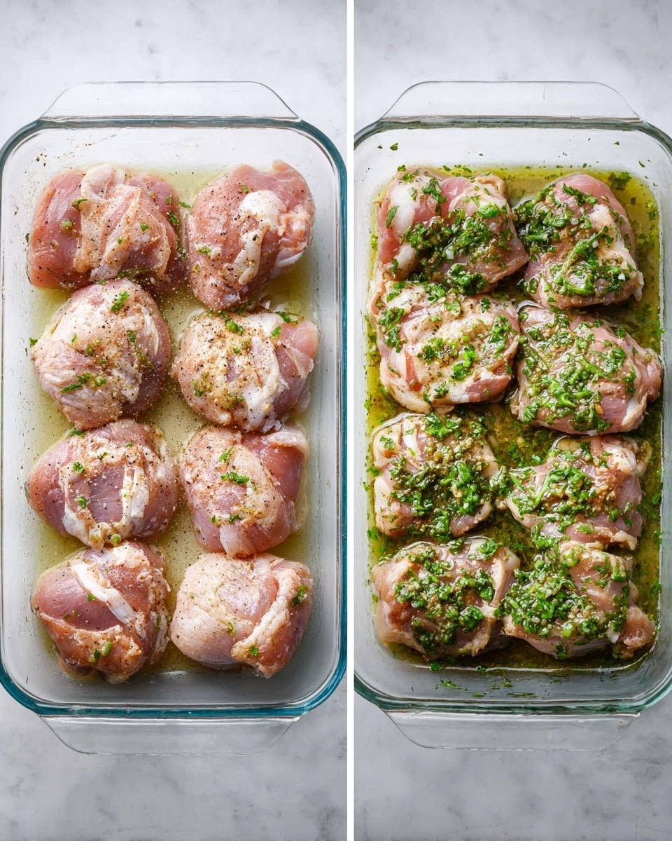 Two side-by-side images of a clear glass baking dish on a white marbled surface. The left image shows eight pieces of raw chicken thighs, arranged in two rows of four, seasoned with salt and pepper, displaying a pinkish color with smooth and slightly shiny texture. The right image shows the same chicken pieces but now covered with chopped green herbs and a shiny layer of oil, giving a fresh and glossy green and pink appearance. Photo taken with an iphone --ar 4:5 --v 7