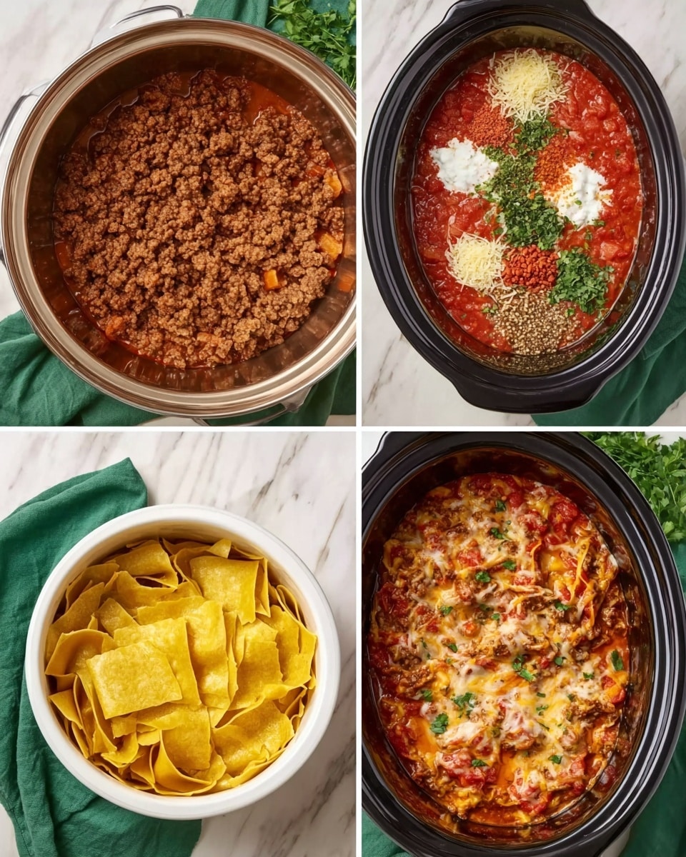 A metal bowl is filled with cooked ground beef that is brown and crumbly. Next to it, a white slow cooker contains layers of ingredients: on the bottom, red tomato sauce mixed with dollops of white onions and green herbs, topped with scattered spices in red, green, and brown. In the third image, the slow cooker shows a layer of yellow pasta sheets spread flat on the sauce. The following image has a layer of shredded white cheese covering the pasta. The last image reveals the cooked dish with the cheese melted and browned, mixed with the pasta and sauce, and garnished with chopped green herbs. The setting is a white marbled surface with a green cloth napkin nearby, photo taken with an iphone --ar 4:5 --v 7