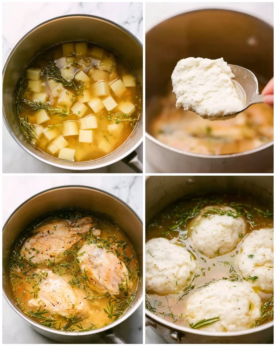 The image shows four close-up views of a cooking process in a pot with a white marbled background. The first layer shows small, light yellow cube-shaped pieces floating in a clear broth with green herb sprigs scattered on top. The second layer features two light brown pieces of cooked chicken placed in the broth, partially submerged with herbs around them. The third layer displays a woman's hand holding a silver spoon filled with a thick, white dough-like mixture above the broth. The fourth layer reveals large blobs of the dough mixture floating and cooking on the surface of the broth, surrounded by herbs. photo taken with an iphone --ar 4:5 --v 7