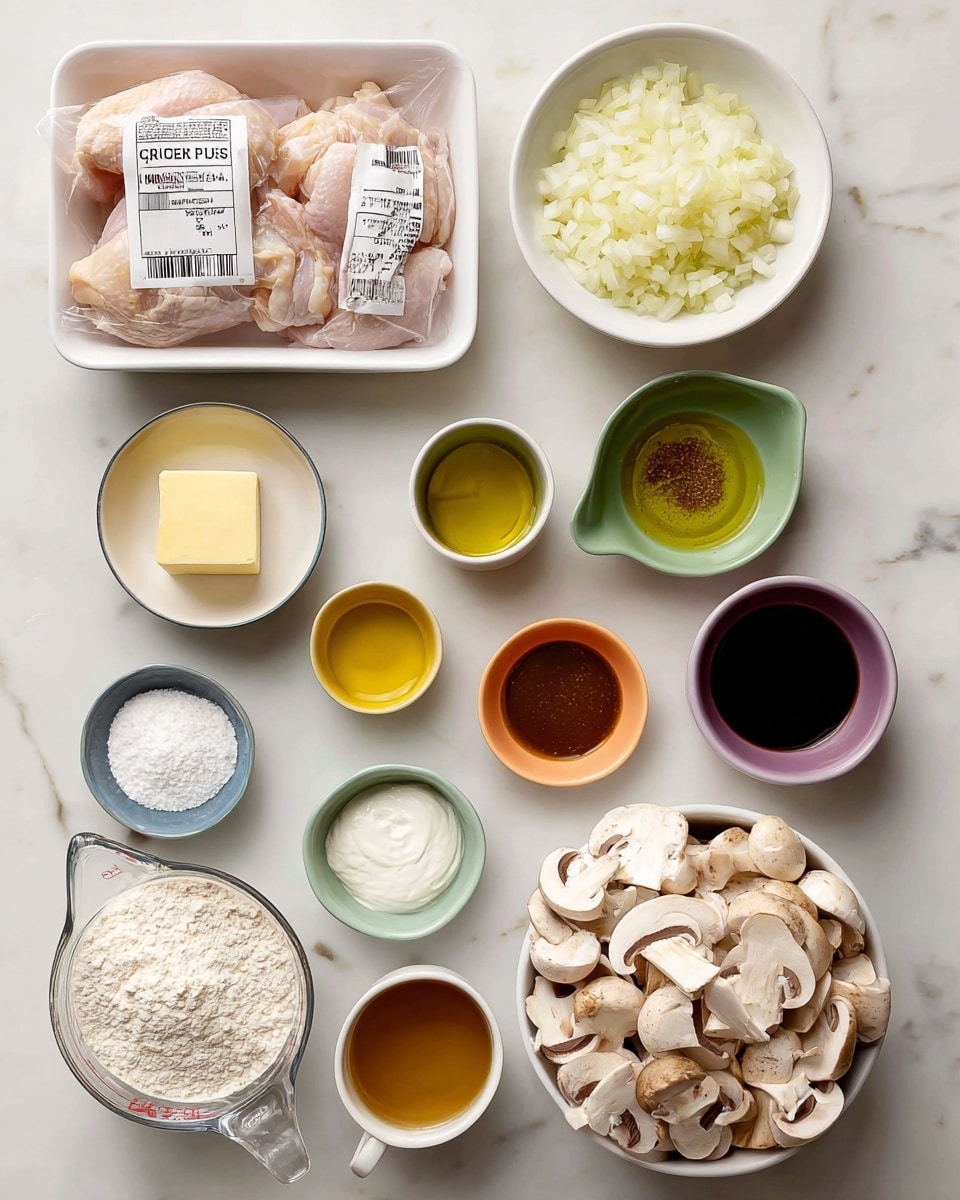 The image shows a white marbled surface with various ingredients arranged neatly and labeled in black text. Starting from the top left, there is a white tray holding raw chicken with a plastic cover and printed labels, followed by a white bowl filled with chopped onions. Below the chicken, a small green bowl holds a square piece of butter, next to a small pink bowl with olive oil, and a matching green bowl with more olive oil. In the center, a small purple bowl contains a light beige garlic powder, while a small yellow bowl next to it holds dark Worcestershire sauce. Below them, a small blue bowl has dijon mustard, and a small orange bowl holds minced garlic. On the bottom left is a white bowl filled with white flour. Near the bottom, a glass measuring cup contains light brown chicken broth. Next to the broth, a white measuring cup holds a scoop of sour cream. Finally, on the bottom right, a large white bowl is filled with sliced mushrooms showing their creamy white and brown colors. photo taken with an iphone --ar 4:5 --v 7