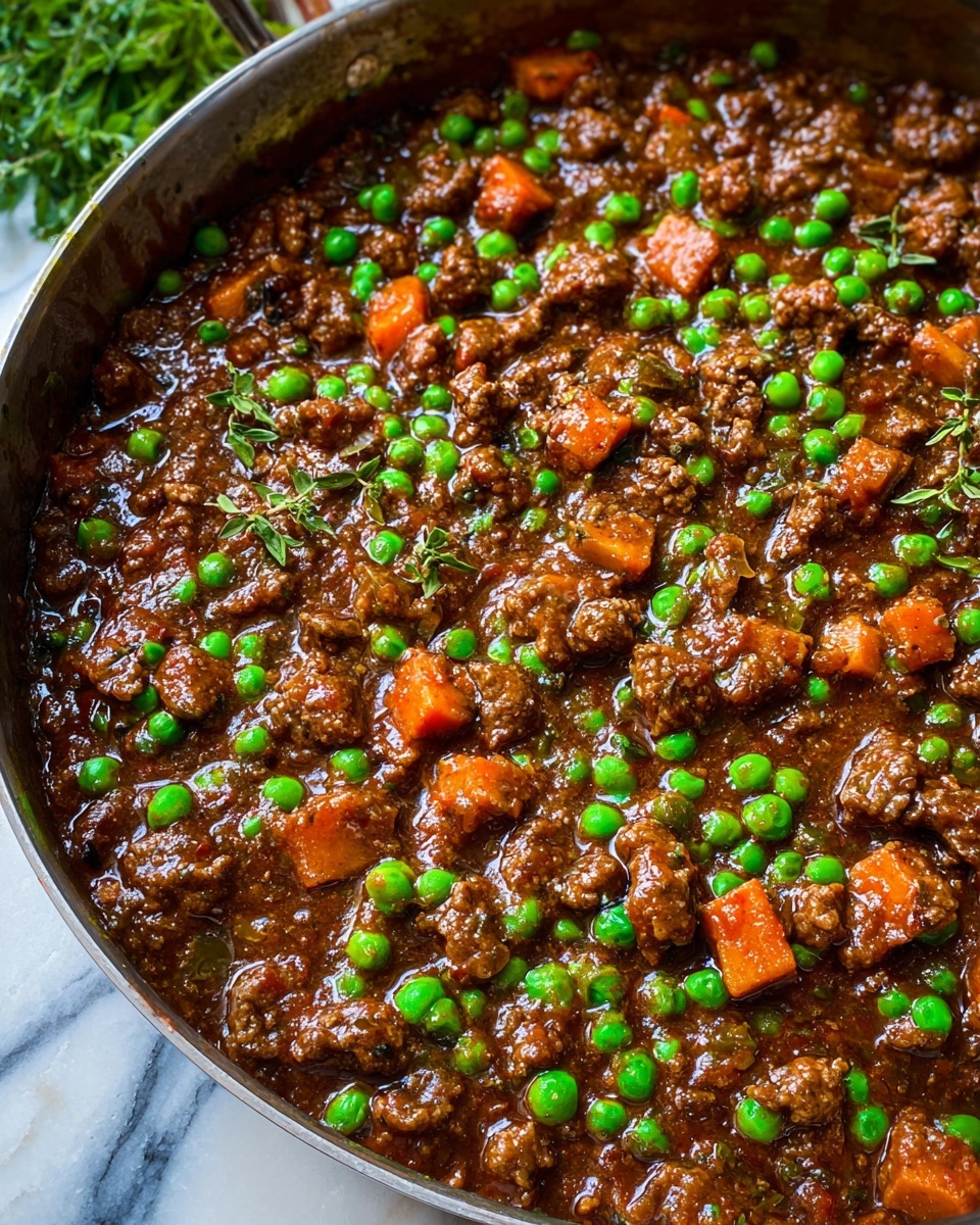 This image shows a close-up of a large silver pan filled with a thick stew made from small brown cooked meat pieces, bright green peas, and small orange carrot cubes all mixed in a rich, glossy, dark brown sauce. The pan rests on a white marbled surface with some green leaves slightly visible in the background. The stew looks hearty with a wet texture, and the meat and vegetables are evenly spread throughout the thick sauce. Photo taken with an iphone --ar 4:5 --v 7
