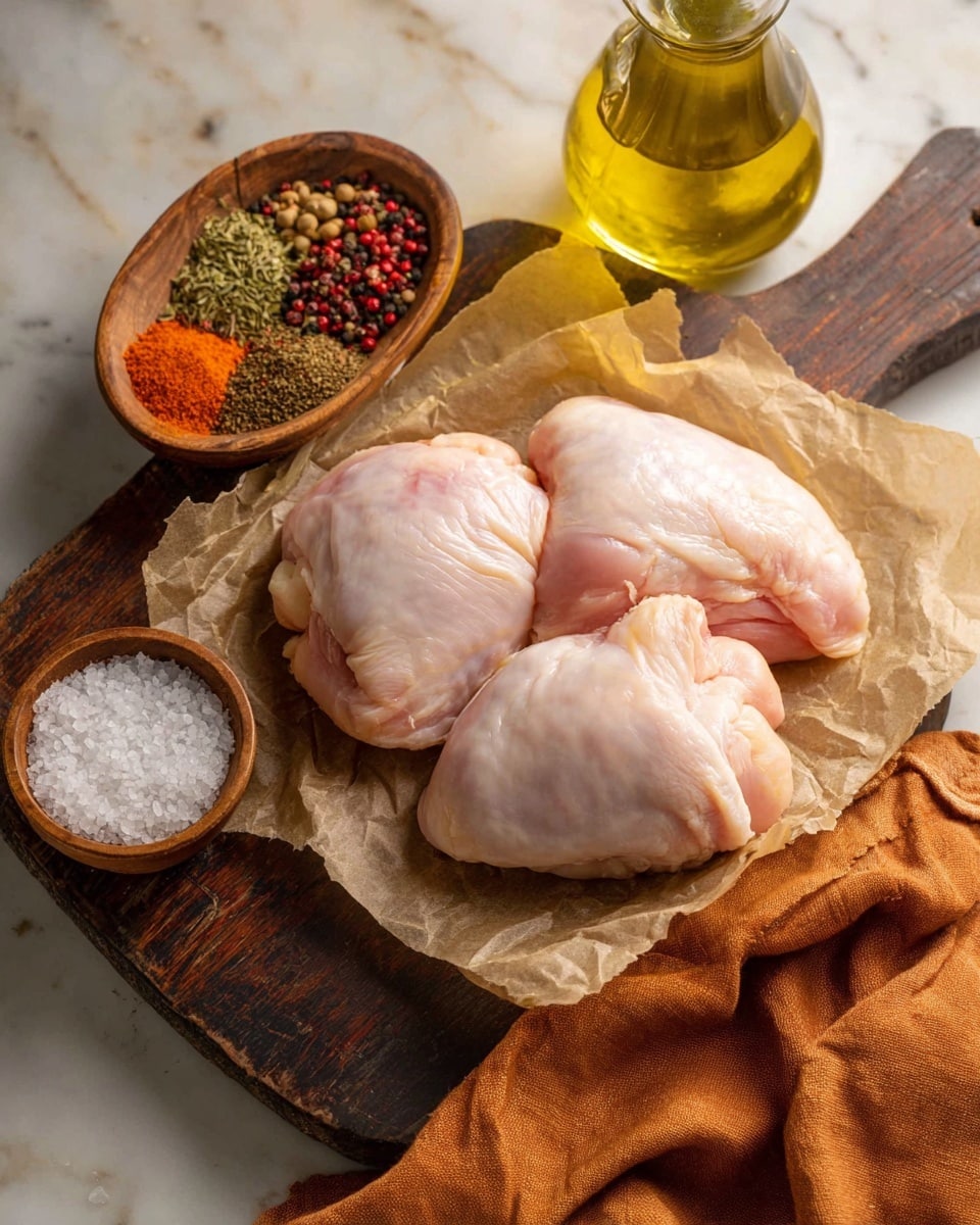 Three raw chicken pieces with pale pink smooth skin rest on crinkled light brown parchment paper placed on a rustic dark wooden cutting board. Above the chicken, a clear glass bottle of golden olive oil sits near the top right corner. To the left, a small round wooden bowl holds a variety of colorful spices, including red, orange, black, and green herbs arranged in small piles. Below the board, a small white bowl filled with coarse salt is placed on a folded burnt orange cloth. The whole scene is set on a white marbled surface. photo taken with an iphone --ar 4:5 --v 7