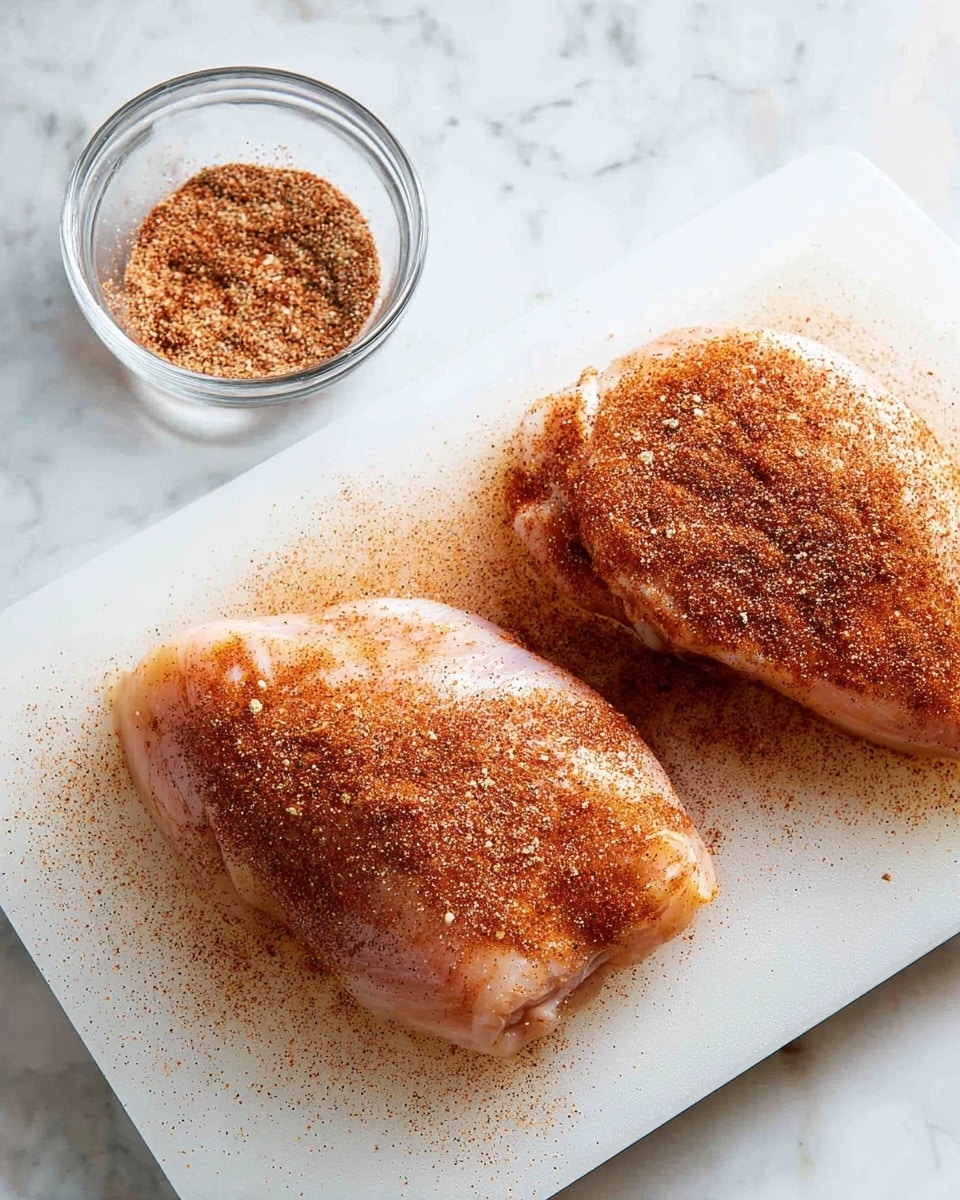 Two raw chicken pieces lie side by side on a white cutting board, each sprinkled evenly with a mix of reddish-brown spices that cover the top surfaces and edges. To the upper right corner, a small clear glass bowl holds more of the same spice mix, visible through the glass. The white cutting board is placed on a white marbled textured surface, enhancing the contrast. The scene is lit softly from above, showing fine details in the spice texture and chicken surface. photo taken with an iphone --ar 4:5 --v 7