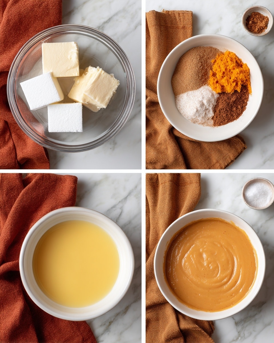 The collage shows four square images arranged in a 2x2 grid on a white marbled surface with two cloth napkins underneath, one burnt orange and the other dark brown. The top left image shows a clear glass bowl containing white cream cheese blocks, white sugar, and light brown sugar. The top right image has the same bowl with a creamy beige mixture, topped with light brown cinnamon, dark brown vanilla extract, bright orange pumpkin puree, and white powder, all in separate sections. The bottom left image displays the bowl with a smooth, light orange batter mixture, with a pool of yellow liquid in the center. The bottom right image shows a round white bowl filled with a smooth, light orange batter evenly spread inside. Photo taken with an iphone --ar 4:5 --v 7