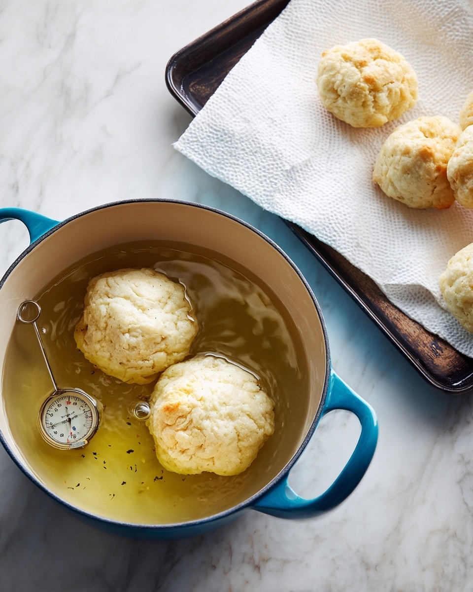 The image shows a blue pot filled with light golden oil, with two square dough pieces frying inside. The dough pieces are light golden brown, one slightly puffed with a textured surface, the other smoother. A metal thermometer is clipped on the pot’s side, partly immersed in the oil. Next to the pot on a white marbled surface is a dark tray holding more square dough pieces resting on white paper towels. The whole scene feels clean and warm, focused on the frying process. Photo taken with an iphone --ar 4:5 --v 7