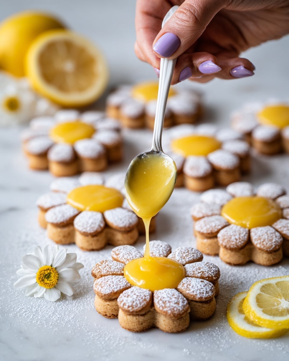 Several flower-shaped cookies are arranged on a white marbled surface dusted with powdered sugar. Each cookie has two layers of golden-brown dough, with the top layer having five rounded petals. The centers are filled with smooth, bright yellow lemon curd. In the middle foreground, a woman's hand with light purple nails holds a white spoon pouring more lemon curd into one cookie's center. There are two lemon halves nearby, one whole and one slightly cut. The scene highlights the contrast between the light powdered sugar, the warm dough, and the vibrant lemon curd. Photo taken with an iphone --ar 4:5 --v 7