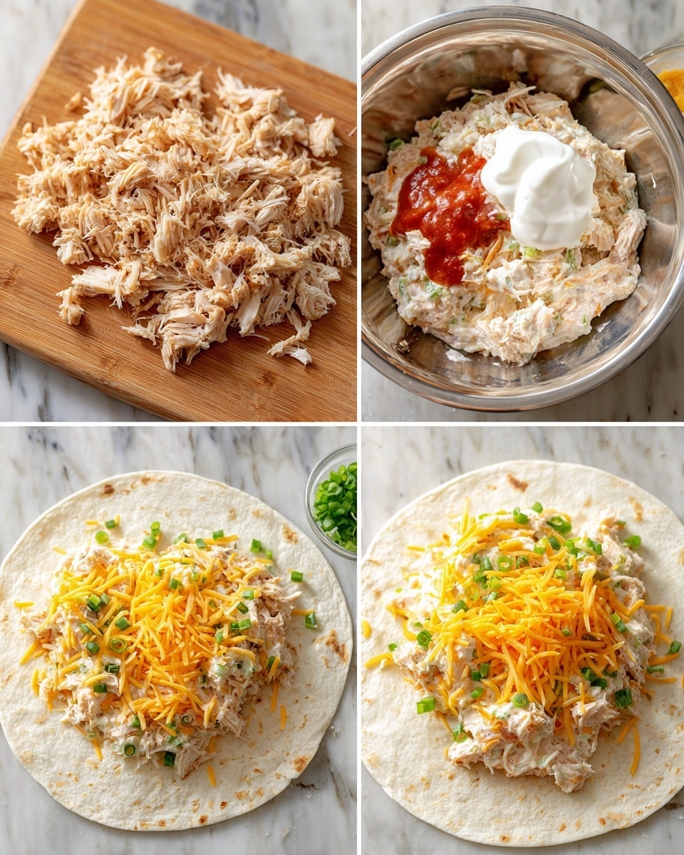 The images show the step-by-step process of making a chicken and cheese wrap on a white marbled surface. First, finely shredded chicken pieces form a crumbly, light beige layer on a wooden board. Next, this shredded chicken is placed in a large shiny metal bowl, topped with dollops of white sour cream and some red sauce. The mixture is stirred into a creamy, slightly chunky, pale chicken salad texture in the same bowl. Then, a white tortilla is laid flat with two types of shredded cheese—light yellow and bright orange—scattered in the middle. On top of the cheese, the creamy chicken salad is added as a thick middle layer, and chopped green onions with bright green color are sprinkled over it. Finally, extra shredded cheese is layered on top, creating a colorful stack of a soft tortilla, shredded yellow and orange cheese, creamy chicken salad, green onions, and cheese photo taken with an iphone --ar 4:5 --v 7