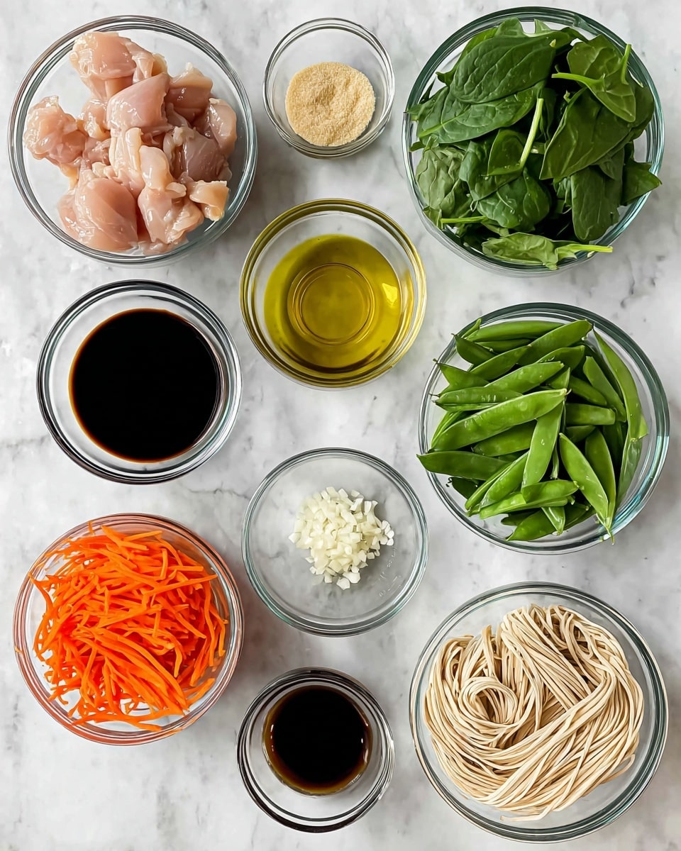 The image shows various clear glass bowls arranged on a white marbled surface, each holding different ingredients. At the top left, there are small pieces of raw chicken in a bowl with a pale pink color. To its right, a bowl with dark brown soy sauce is next to a small bowl with light yellow sesame oil. Below the chicken, a bowl contains golden olive oil, and near the center, a small bowl with finely chopped white garlic sits beside a bowl filled with glossy dark brown hoisin sauce. On the right side, a large bowl with fresh, bright green spinach leaves contrasts with a bowl of light green snow peas below. At the bottom center, shredded carrots in a bowl have a vibrant orange color, and on the bottom right, a bowl holds light beige uncooked lo mein noodles, all laid out neatly for preparation. Photo taken with an iphone --ar 4:5 --v 7