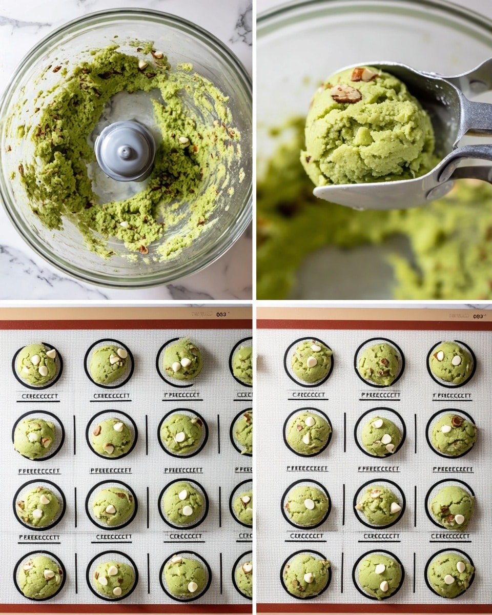 The image shows four steps of making green cookie dough with white chocolate chips and small nut pieces. The first part shows a bowl filled with thick, rough green dough mixed with white chocolate chips and nuts, with a gray mixer blade resting inside. The second part shows a scoop of this green dough held over the same clear bowl by a silver scoop with black handles. The third and fourth parts each show a white baking mat with black circles labeled
