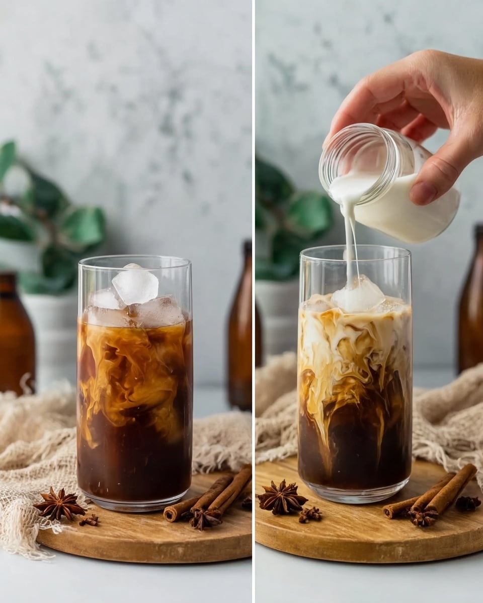 The image shows a clear glass filled with dark brown iced coffee with some ice cubes on the top layer. A woman's hand is placing a few ice cubes into the glass, and in the next step, a woman's hand pours thick white cream from a small jar onto the iced coffee, creating a swirling light cream layer on top of the dark brown base. The glass sits on a round wooden board placed on a white marbled surface. Around the glass are a beige textured cloth, some star anise, and a cinnamon stick, with blurred bottles and green leaves in the white marbled background. Photo taken with an iphone --ar 4:5 --v 7