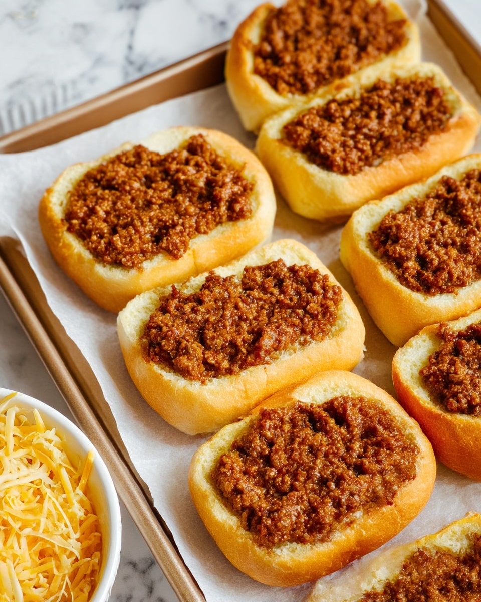 The image shows seven slices of soft, light golden bread arranged closely on a tray with white parchment paper. Each slice is thick and topped with a dense, textured layer of a brown minced meat mixture that looks moist and finely crumbled, spread evenly across the surface. The tray is resting on a white marbled surface, and in the bottom left corner, part of a white bowl filled with shredded yellow and white cheese is visible. The colors include the warm brown of the meat topping and the pale golden tones of the bread, creating a simple, hearty visual. Photo taken with an iphone --ar 4:5 --v 7