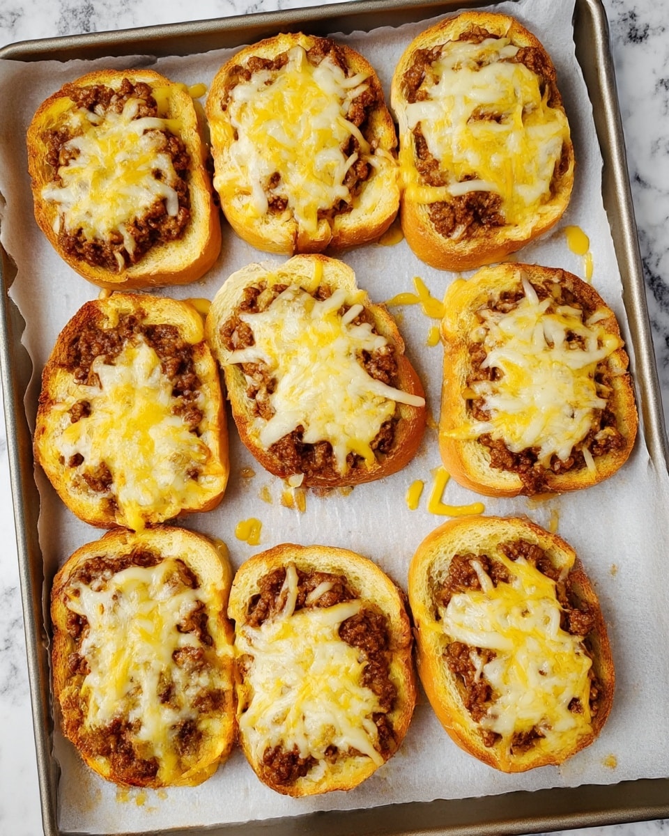 Eight slices of toasted white bread are arranged on a baking tray lined with parchment paper on a white marbled surface. Each slice has a layer of cooked ground meat spread over it, topped with a layer of melted yellow and white cheese that is slightly browned and stringy. The bread is golden and crisp around the edges, while the meat layer is dense and textured, and the cheese melts unevenly, covering most of each slice. Some cheese drips and melts onto the parchment. photo taken with an iphone --ar 4:5 --v 7