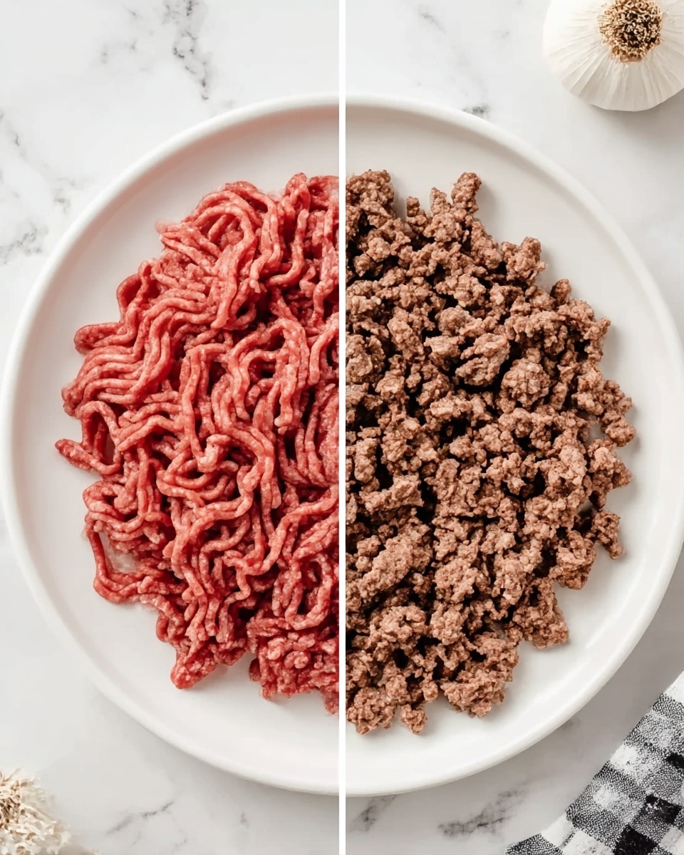 The image is split vertically into two halves, both showing a close-up view of a white plate on a white marbled surface. On the left side, raw ground beef is piled loosely, with visible strands and a rich red color. On the right side, the ground beef is fully cooked and browned, with small, crumbly pieces evenly spread across the plate. A white garlic bulb and a checkered cloth edge are partially visible at the bottom corners of the image. Photo taken with an iphone --ar 4:5 --v 7