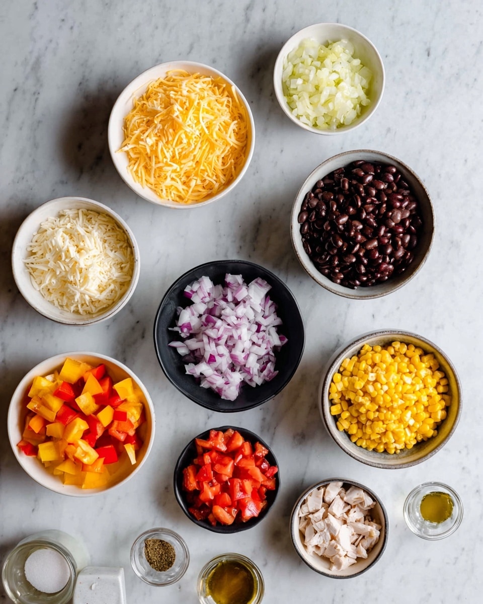 The image shows several small bowls arranged on a white marbled surface, each holding different chopped or prepared ingredients. From the top left, there is a white bowl with shredded yellow cheese, a white bowl with small clumps of minced garlic, and a white bowl filled with dark brown beans. Below the cheese, a black bowl holds chopped red onions, next to a white bowl with bright yellow corn kernels. Below the onion bowl, a white bowl contains chopped red tomatoes, and next to it, a black bowl has small pieces of cooked white meat. Near the bottom left, a white bowl holds diced yellow and orange bell peppers. There are three small clear or white containers with different spices or liquids scattered around the bowls. The overall setting is neat, arranged with clear visibility of all colorful ingredients, on a clean white marbled surface, photo taken with an iphone --ar 4:5 --v 7