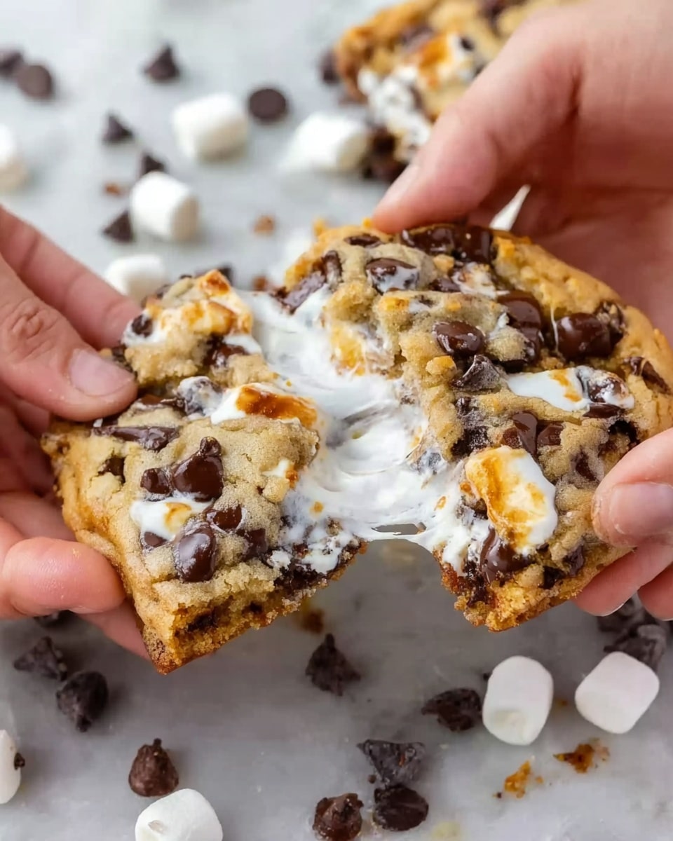 A close-up view of two pieces of a soft, golden brown cookie filled with melted white marshmallow stretching between them. The cookie is loaded with dark chocolate chips scattered throughout, creating a mix of dark brown and light golden colors. The cookie edges are soft and slightly crumbly, with gooey marshmallow in the middle. Two woman's hands are pulling the cookie apart over a white marbled surface with more scattered dark chocolate chips and small white marshmallows in the background. Photo taken with an iphone --ar 4:5 --v 7