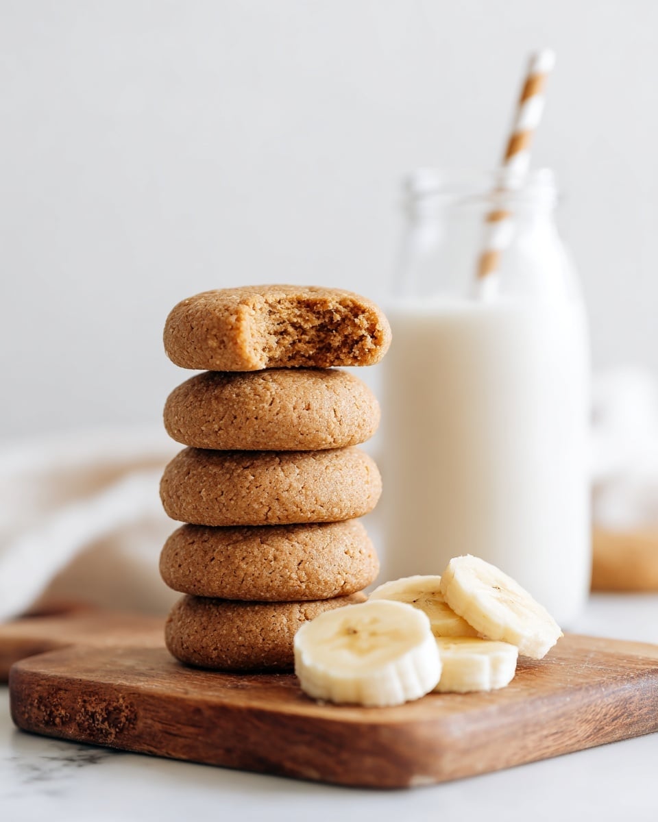 The image shows a stack of five round, golden-brown cookies on a wooden board, with the top cookie missing a bite that reveals a soft, crumbly inside. Three pale yellow banana slices lie next to the base of the cookie stack on the wooden board. In the background, a clear glass bottle filled with white milk and a striped straw is placed on a white marbled surface. The overall setting looks bright and clean with soft lighting, highlighting the textures and colors of the cookies and banana slices. Photo taken with an iphone --ar 4:5 --v 7