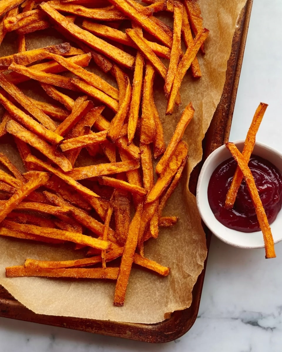 A baking tray lined with brown parchment paper is filled with many thin, roasted sweet potato sticks, showing a mix of bright orange and some slightly darker caramelized edges. In the bottom right corner, a white small round bowl contains dark red ketchup with two sweet potato sticks placed inside, one leaning on the other. The tray is set on a white marbled surface. photo taken with an iphone --ar 4:5 --v 7