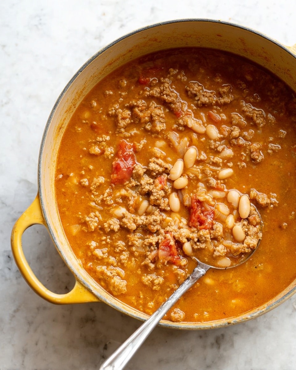 A large yellow pot filled with a thick stew made of brown ground meat mixed with white beans and small pieces of red tomato in an orange-brown sauce. The texture looks chunky with visible soft beans and tender meat, and there is a silver spoon scooping some of the stew near the right side of the pot. The pot sits on a white marbled surface. Photo taken with an iphone --ar 4:5 --v 7