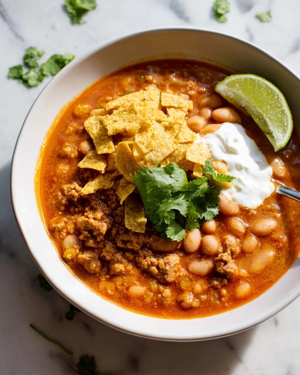 The image shows a white bowl filled with a thick orange-red stew that includes white beans and small pieces of cooked ground meat. On top of the stew, there is a layer of crushed yellow tortilla chips, a dollop of white sour cream, a fresh green cilantro sprig, and a lime wedge resting on the right side of the bowl. The bowl is placed on a white marbled surface, and some loose cilantro leaves are scattered around. The lighting highlights the textures of the stew, the creamy topping, and the crisp chips. photo taken with an iphone --ar 4:5 --v 7