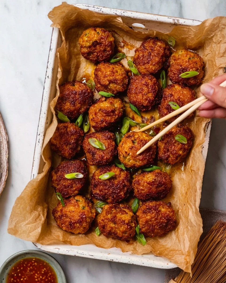 The image shows a white rectangular baking tray lined with brown parchment paper, filled with about fifteen golden-brown, crispy fried chicken meatballs. The meatballs have a textured, slightly rough surface with a few small green onion slices scattered among and on top of them for color contrast. A pair of wooden chopsticks held by a woman's hand is lifting one of the meatballs. The tray is placed on a white marbled surface, with a small round dish containing a reddish-brown dipping sauce and a wooden brush beside it in the bottom right corner. Photo taken with an iphone --ar 4:5 --v 7
