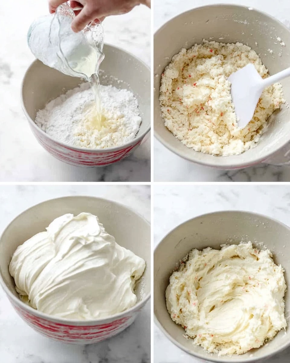 The image shows four close-up shots arranged in a grid of a mixing bowl with ingredients inside, placed on a white marbled surface. In the top left, a woman's hand is pouring a clear liquid into the bowl containing crumbly white cheese. The top right shows a white spatula mixing the coarse cheese mixture in the bowl, which has a slightly grainy texture with small bits spread throughout. The bottom left features soft, pure white whipped cream with smooth texture being folded into the mixture by a white spatula. The bottom right displays the final combined mixture, which looks light, fluffy, and creamy with a smooth texture and small cheese bits visible. photo taken with an iphone --ar 4:5 --v 7
