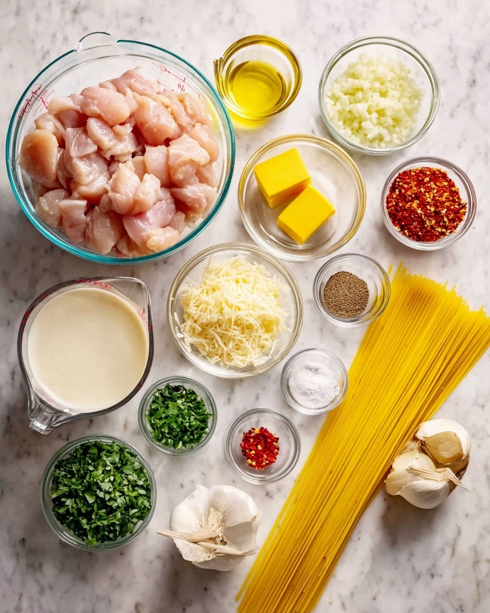 The image shows several small clear glass bowls and a glass measuring cup arranged neatly on a white marbled surface, each containing different cooking ingredients. At the center, there is a large clear bowl filled with raw chicken pieces that are light pink in color. Near the chicken, there is a small round bowl with chopped onions, another with minced garlic, and one holding yellow butter pats. Mathematical yellow strands of dry spaghetti lie in a bunch diagonally across the surface. Other bowls hold shredded white cheese, fresh green herbs, red chili flakes, lemon zest, black pepper, ground paprika, salt, and a small amount of clear liquid, likely oil or lemon juice. The measuring cup is nearly full with a creamy white liquid. The whole setup looks like prepping for a cooking recipe, with bright colors contrasting against the white marbled background. photo taken with an iphone --ar 4:5 --v 7
