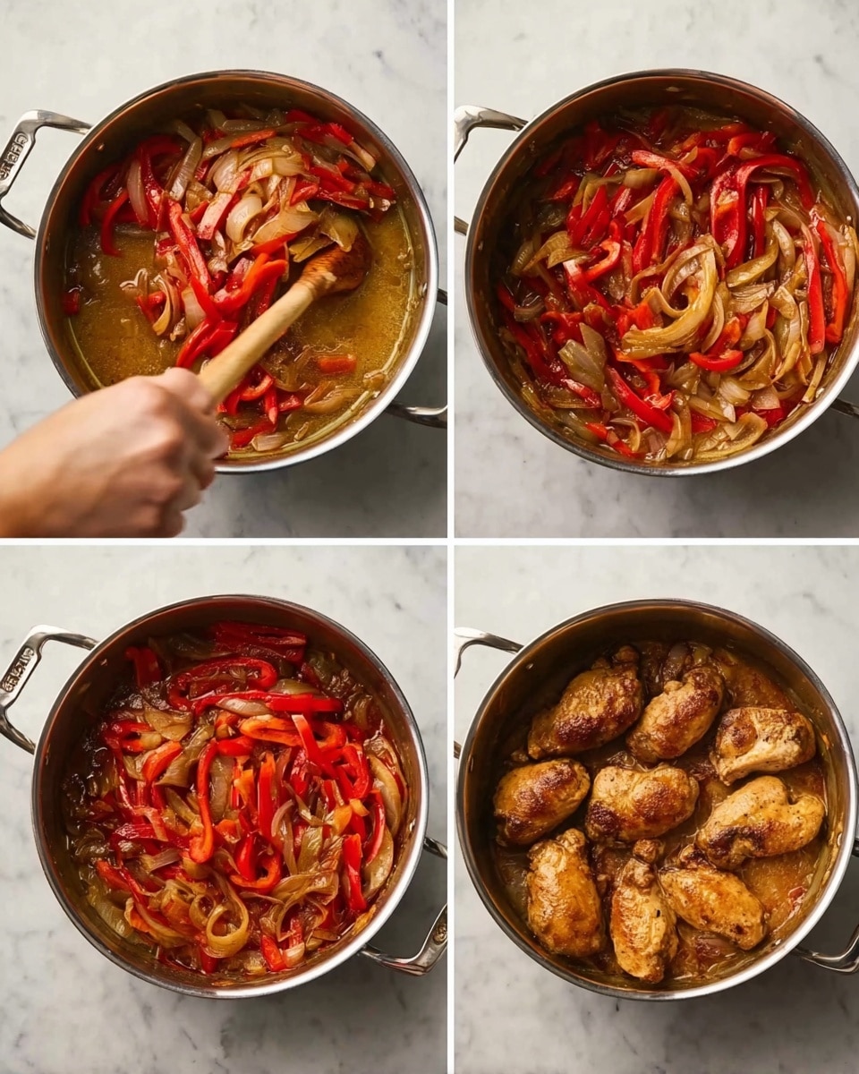 The image shows four views of a shiny silver pot on a white marbled surface, each showing different cooking stages. The first view shows a woman's hand stirring sliced red bell peppers and onions in a light brown sauce with a wooden spoon. The second view has the peppers and onions cooking quietly in the sauce without the spoon. The third view shows the same vegetables more cooked, slightly darker in color, spread evenly inside the pot. The last view shows six browned, cooked pieces of chicken laid on top of the peppers and onions in the pot, alongside four small browned sausages. Photo taken with an iphone --ar 4:5 --v 7