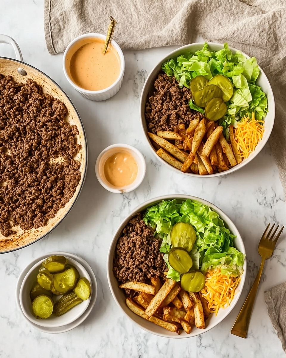 The image shows two bowls of food placed on a white marbled surface with a beige cloth nearby. Each white bowl is divided into sections with fresh green lettuce on one side, golden-brown seasoned fries on the other, and a serving of cooked brown ground beef filling the remaining area. On top of the ground beef are three green pickle slices, and a small pile of yellow shredded cheese sits near the fries. Around the bowls, there is a small white ramekin of creamy orange sauce and a small white bowl of pickle slices. To the left, a white pan with a gold handle contains cooked ground beef on a white marbled surface. Photo taken with an iphone --ar 4:5 --v 7