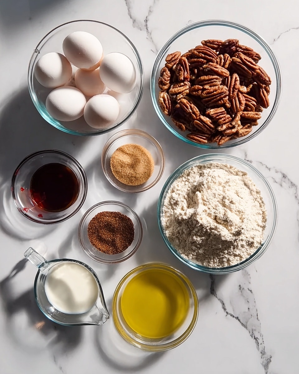The image shows several clear glass bowls and a small glass measuring cup arranged neatly on a white marbled surface. There are seven eggs in one bowl, whole and unbroken. Another bowl is filled with whole pecan nuts, rich brown in color and textured. A larger bowl holds a heap of white flour with a fine, powdery texture. A small bowl contains light brown sugar with a grainy look. Another small bowl holds a dark brown powder that appears to be a spice mix. A small measuring cup is filled with a white liquid, likely cream or milk. There is a medium-sized bowl with melted yellow butter or oil, smooth and shiny. The measuring cup is filled with dark brown liquid, possibly syrup or vanilla extract. The lighting is natural and soft, casting gentle shadows. Photo taken with an iphone --ar 4:5 --v 7